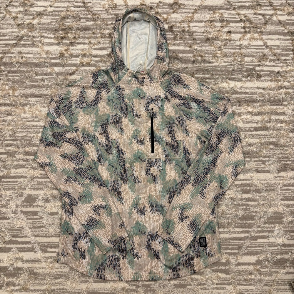 Topo Designs Camouflage Hooded Pullover in Tan, Green, Black